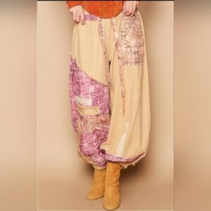 POL Bohemian Patchwork Jogger Style Pants - Beige and Pink. Size L  NWOT